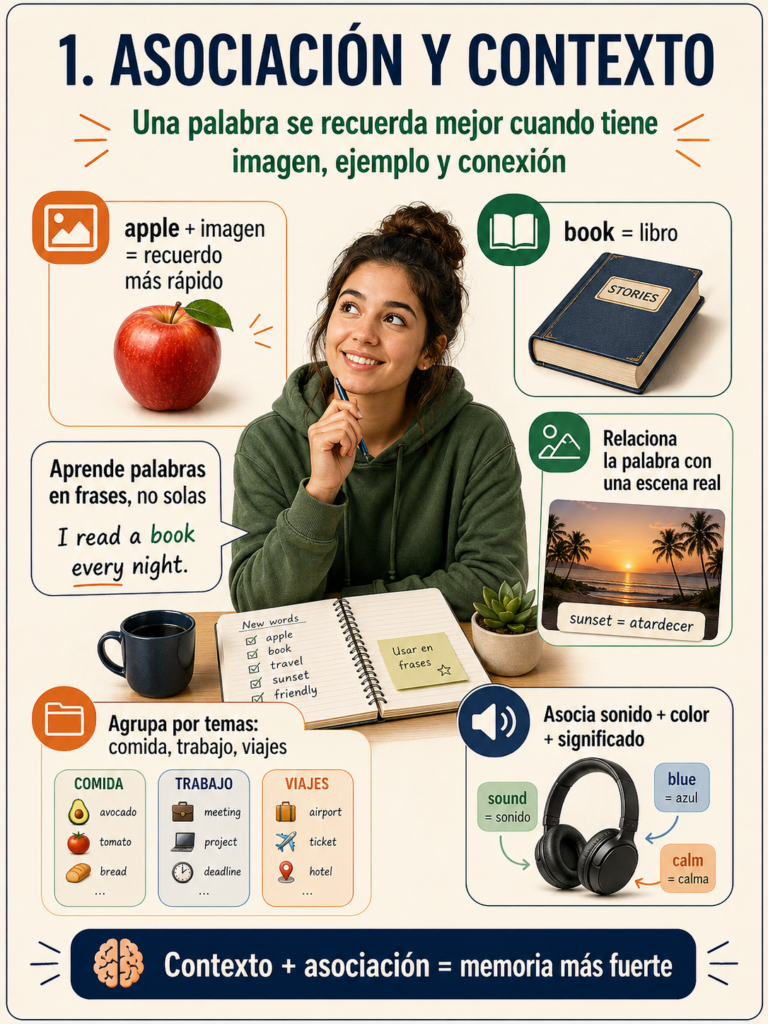 Infografía sobre asociación y contexto para recordar vocabulario.