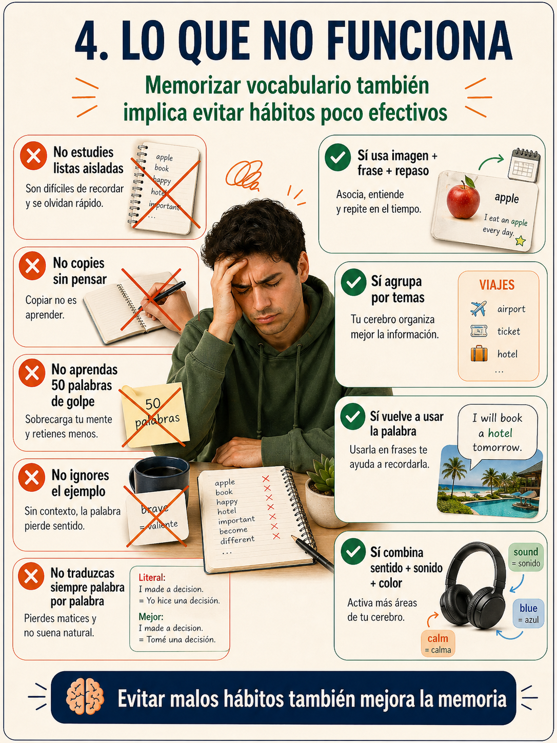 Infografía sobre hábitos que no funcionan para memorizar vocabulario.