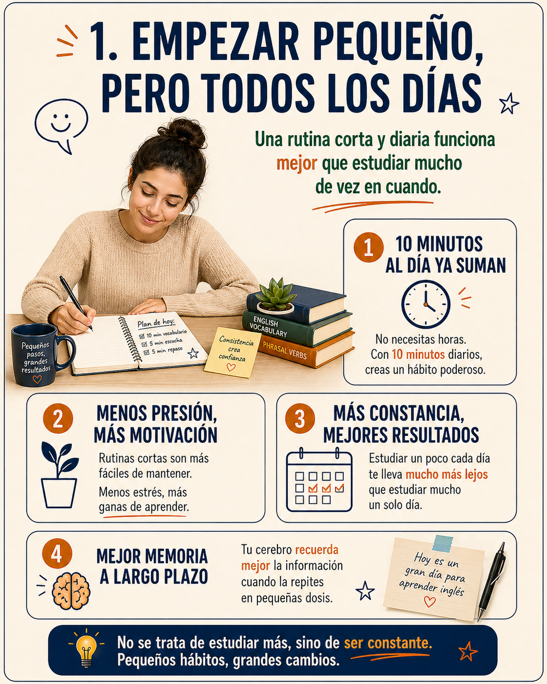 Infografía sobre empezar pequeño pero con constancia