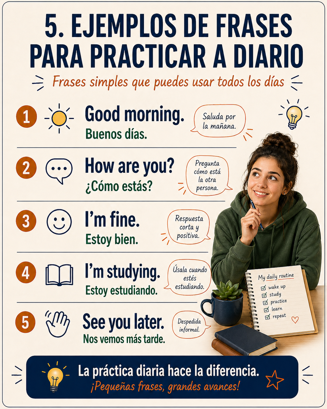 Infografía con ejemplos de frases básicas para practicar
