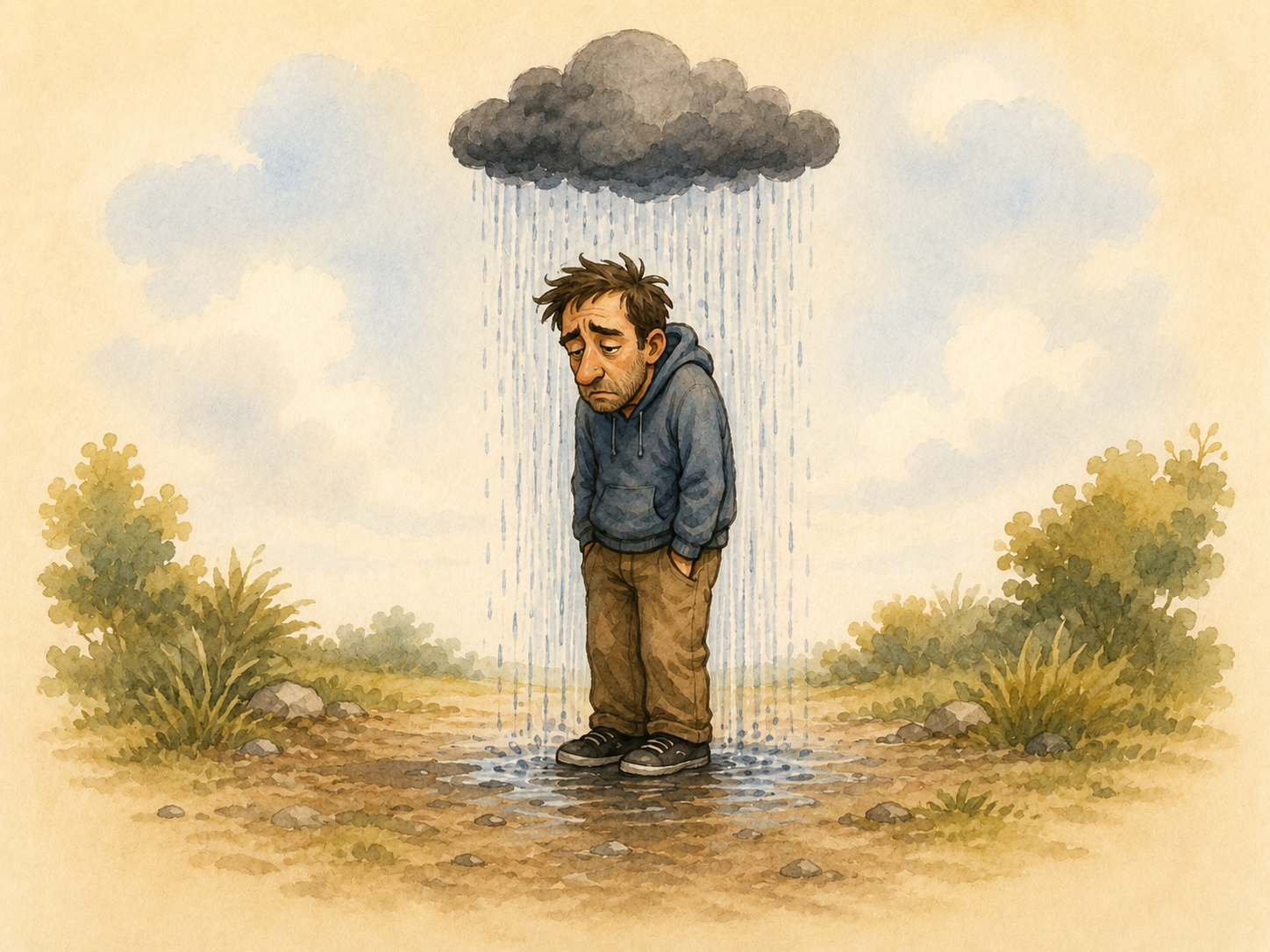 Imagen cómica de una persona sintiéndose mal bajo una nube