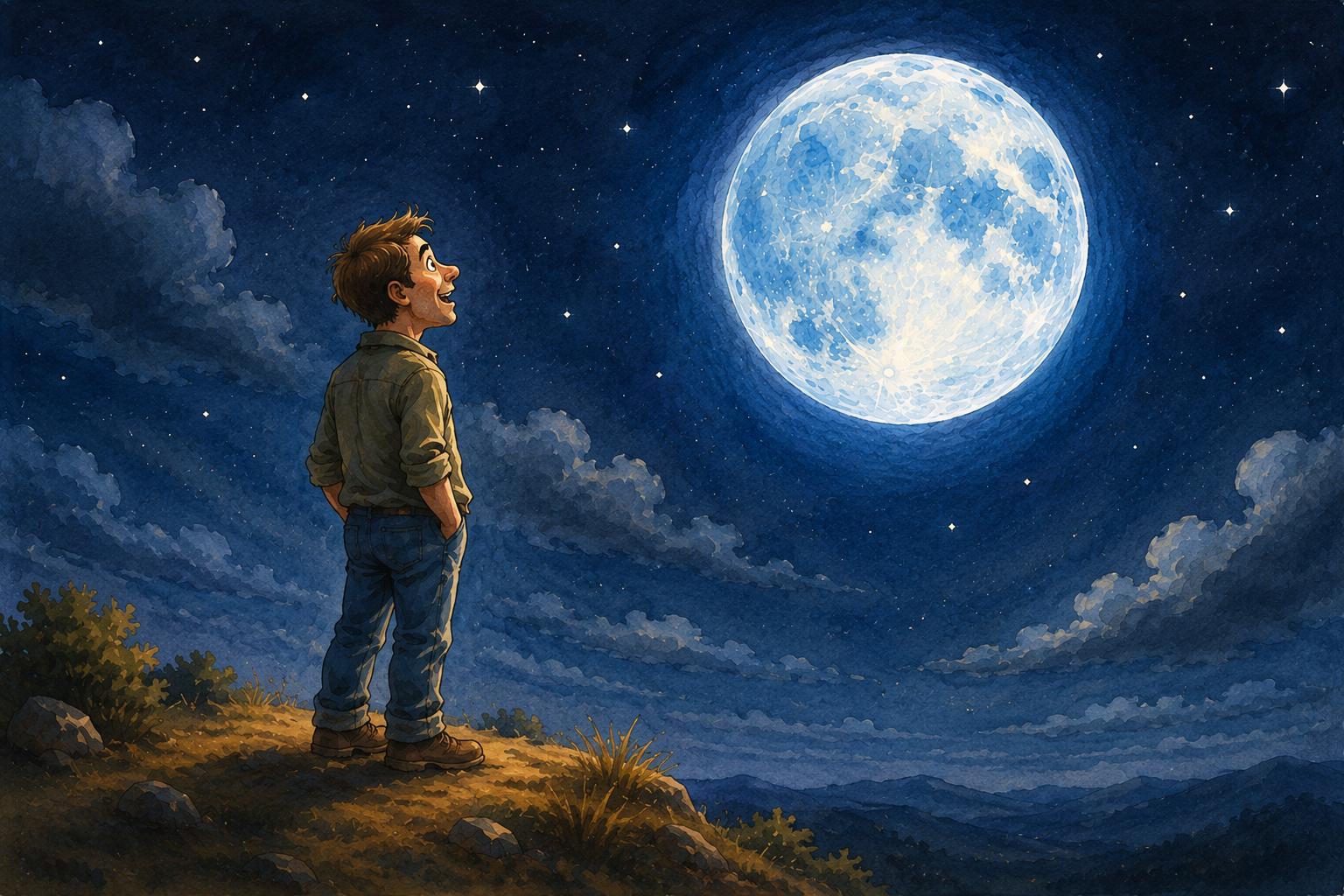Ilustración divertida de una luna azul y algo que ocurre muy rara vez