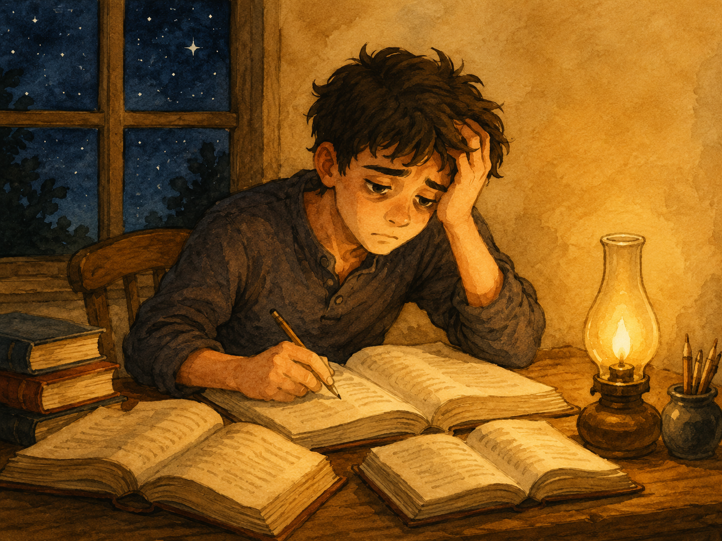 Ilustración de alguien trasnochando y estudiando con una lámpara