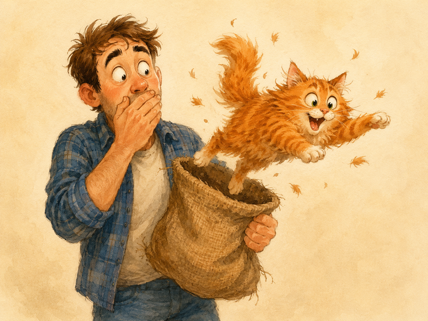 Ilustración cómica de un gato saliendo de una bolsa