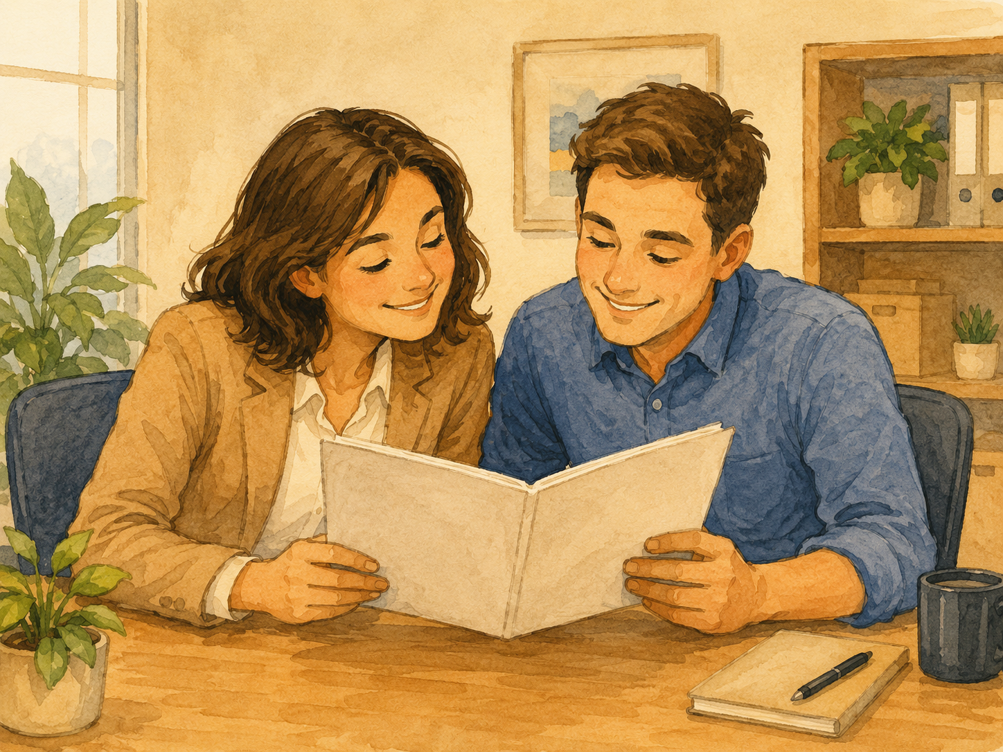 Ilustración cómica de dos personas con la misma página abierta