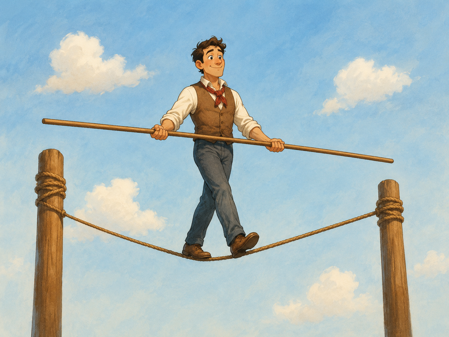 Ilustración cómica de una situación que va bien hasta ahora