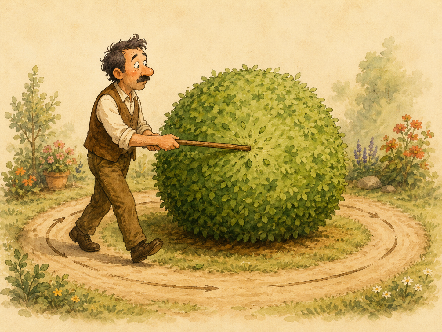 Ilustración divertida de una persona golpeando alrededor de un arbusto
