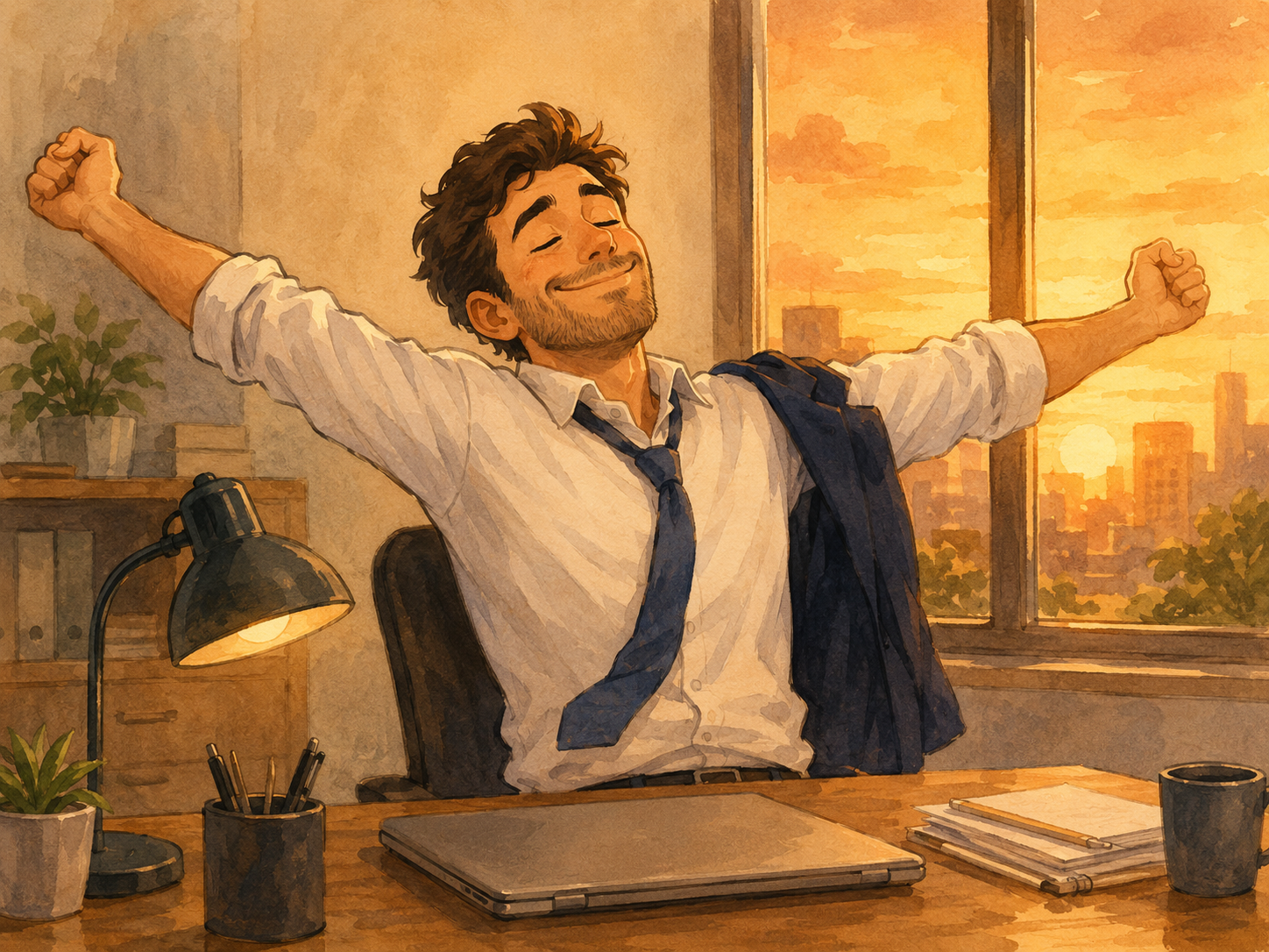 Ilustración cómica de alguien terminando el trabajo por hoy