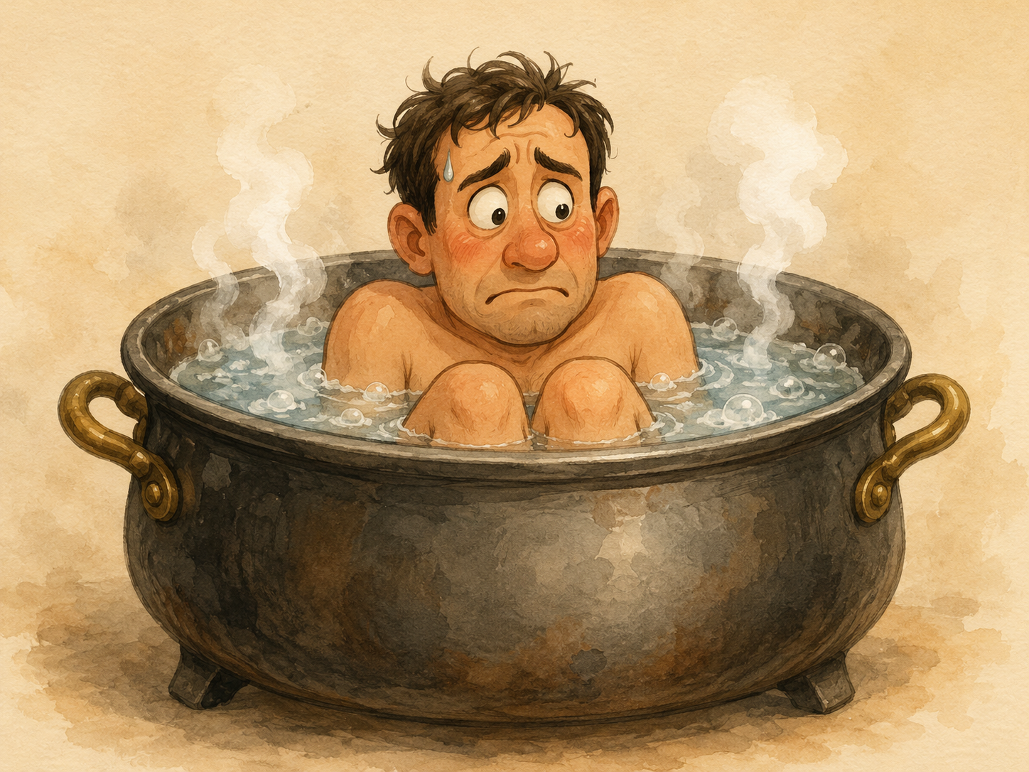 Ilustración divertida de una persona en agua caliente y con cara de problema