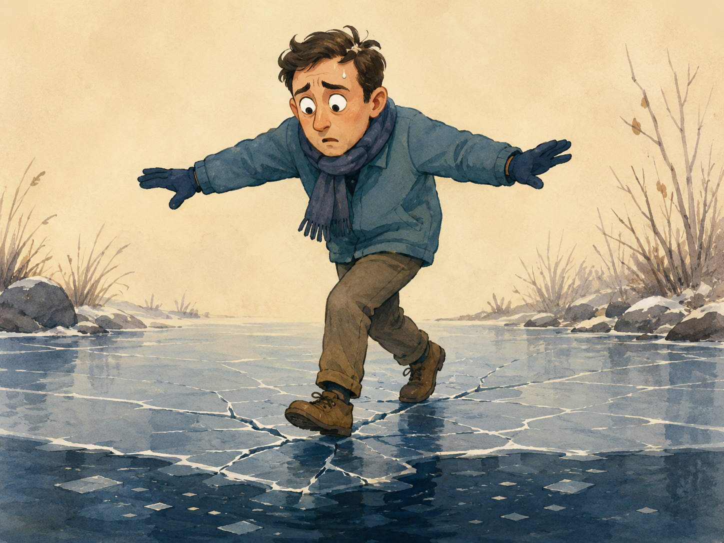 Ilustración cómica de una persona parada sobre hielo muy delgado y a punto de meterse en problemas