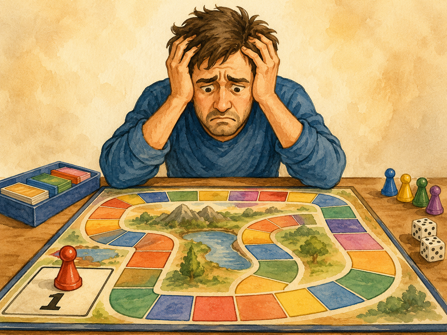Ilustración de un tablero donde una ficha vuelve al casillero número uno mientras una persona se frustra