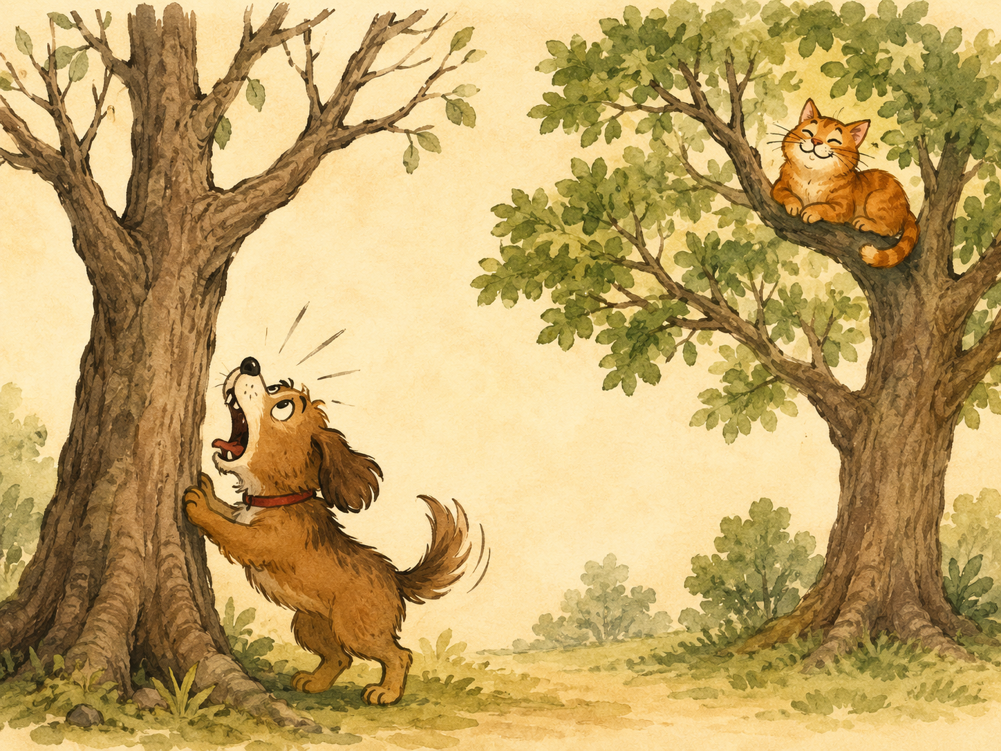 Ilustración cómica de un perro ladrando al árbol equivocado mientras el gato está en otra parte