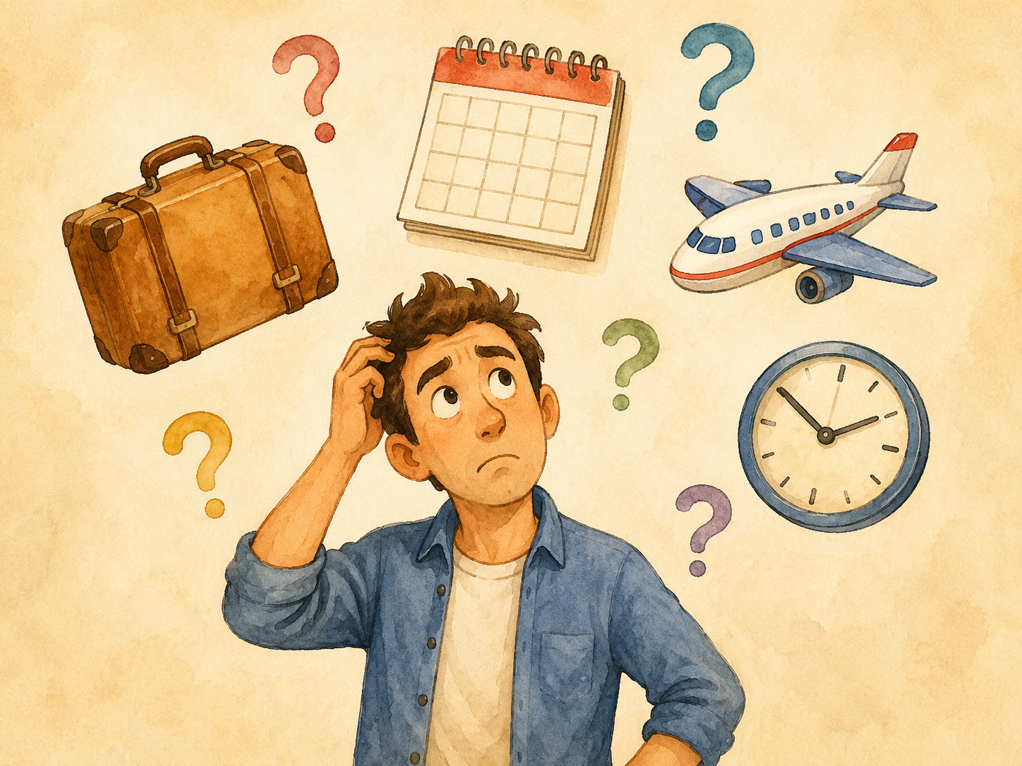 Ilustración cómica de una persona confundida mientras una maleta, un calendario y un avión parecen estar suspendidos en el aire