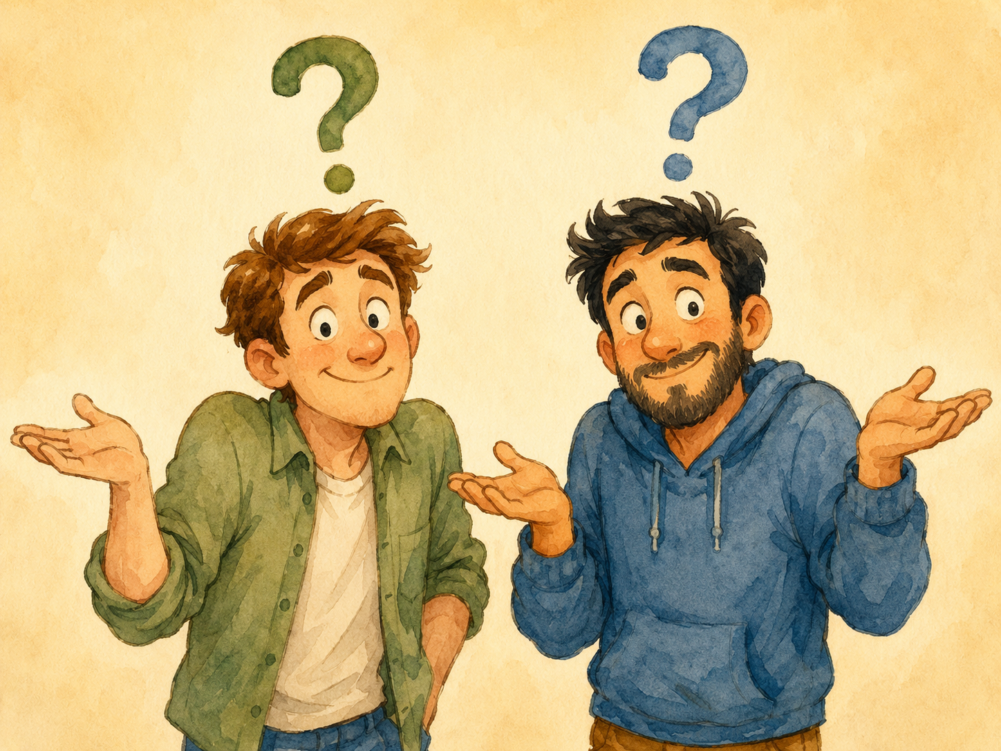 Ilustración divertida de dos personas encogiéndose de hombros con signos de pregunta alrededor