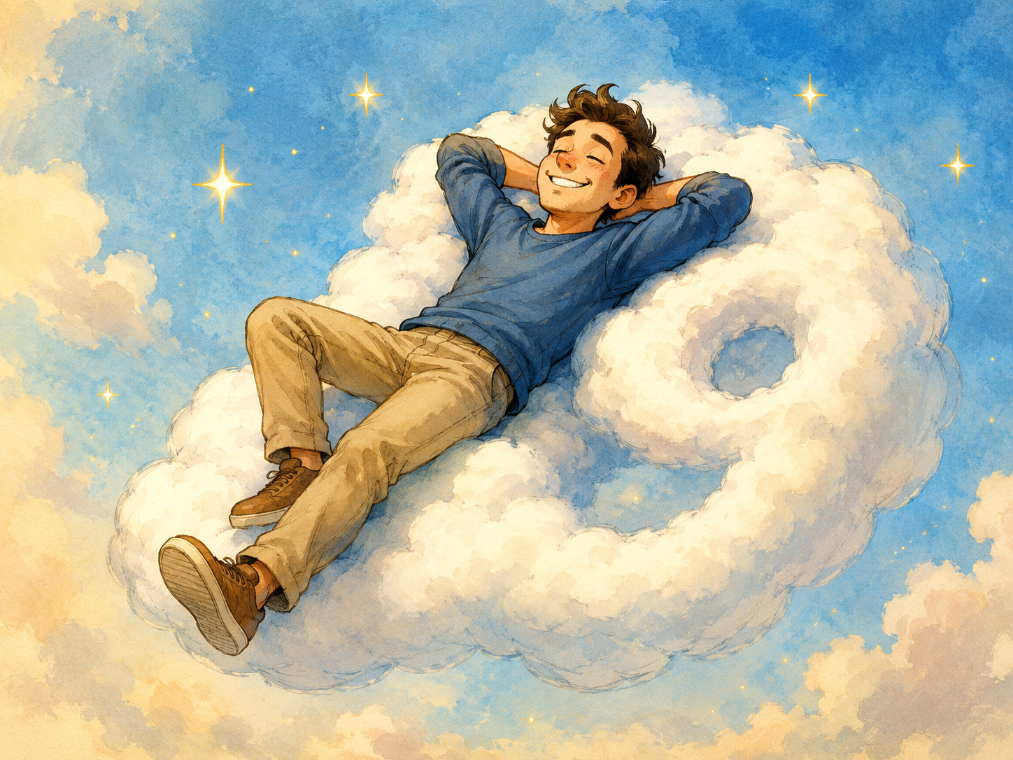 Ilustración alegre de una persona flotando feliz sobre una nube