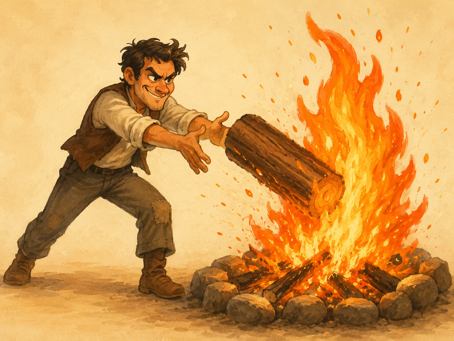 Ilustración cómica de una persona echando un tronco al fuego mientras las llamas crecen