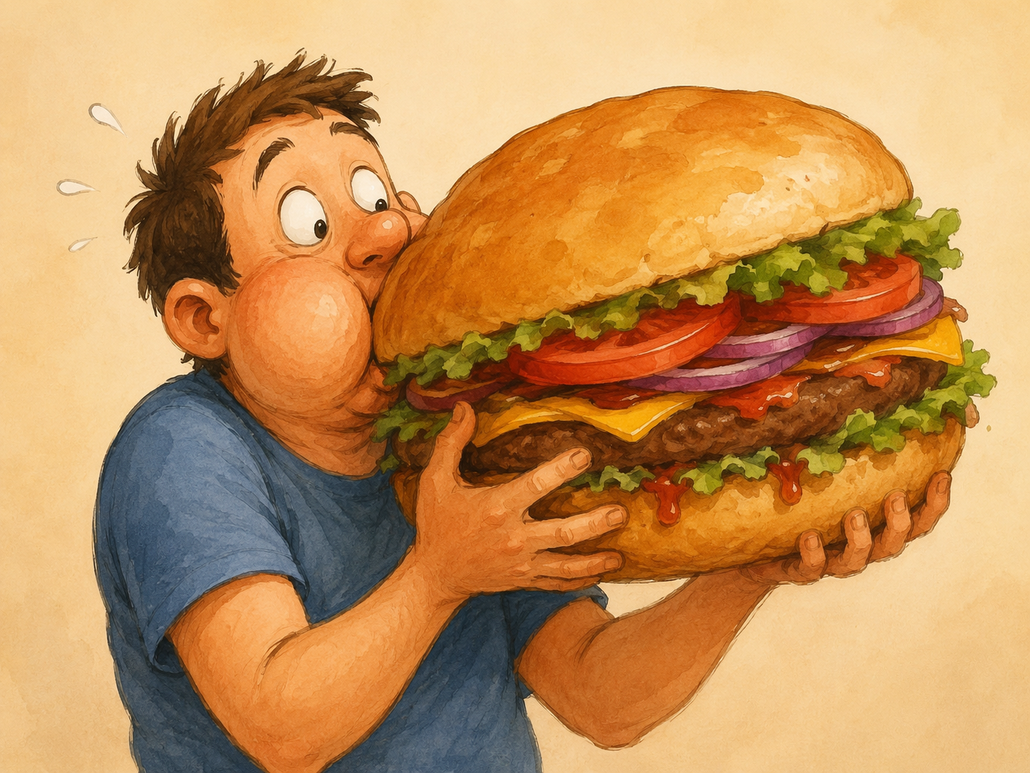Ilustración cómica de una persona intentando morder un sándwich gigantesco