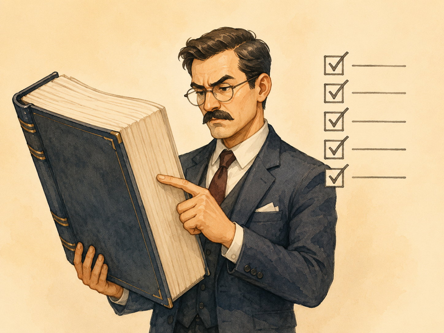 Ilustración de una persona trabajando con un libro enorme de reglas y una lista de verificación