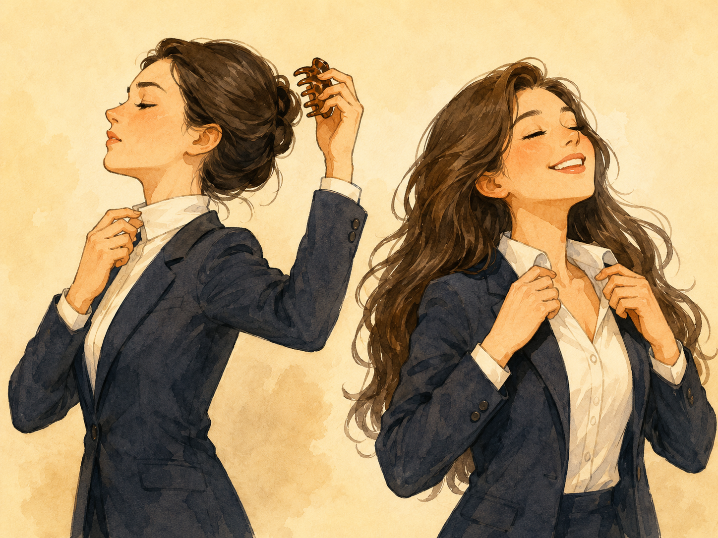 Ilustración visual y cómica para el idiom Let your hair down