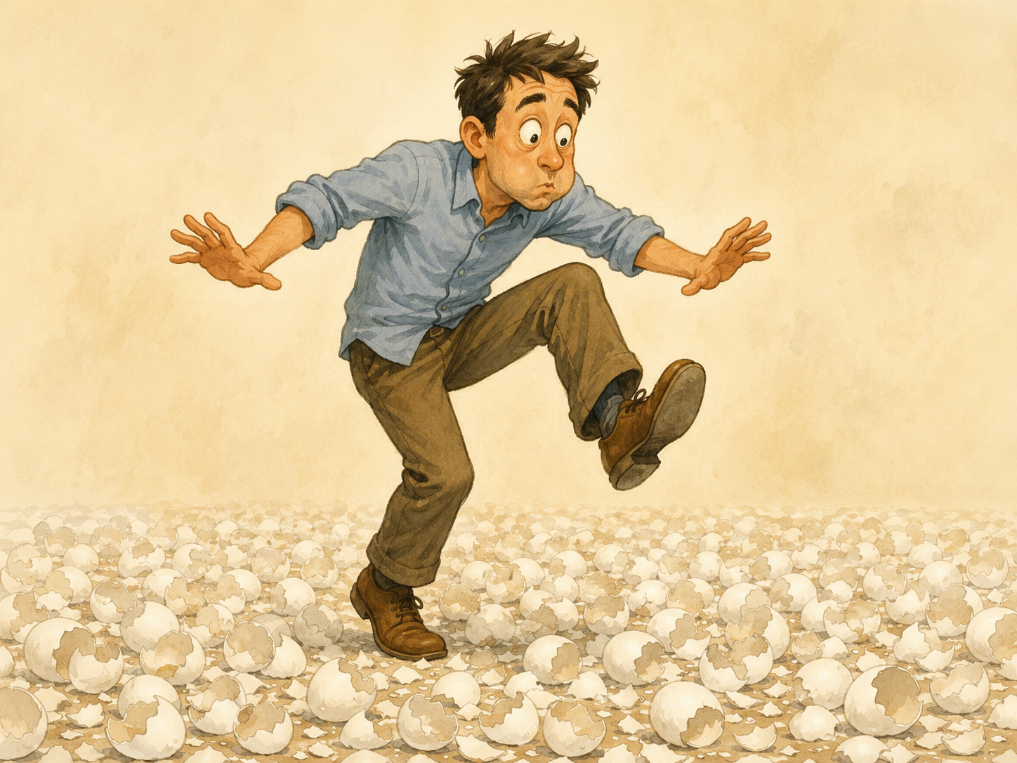 Ilustración visual y cómica para el idiom Walk on eggshells