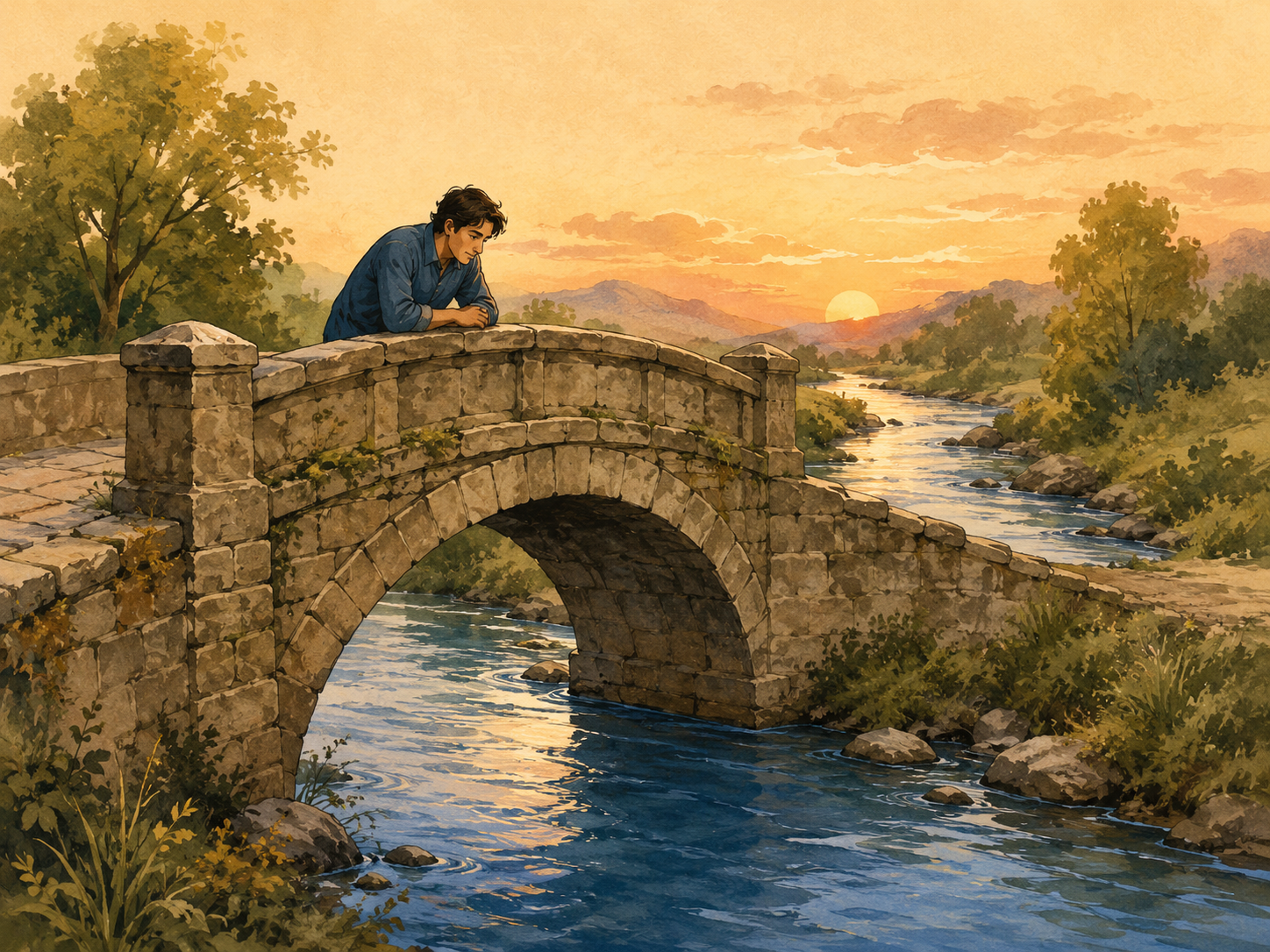 Ilustración visual y cómica para el idiom Water under the bridge