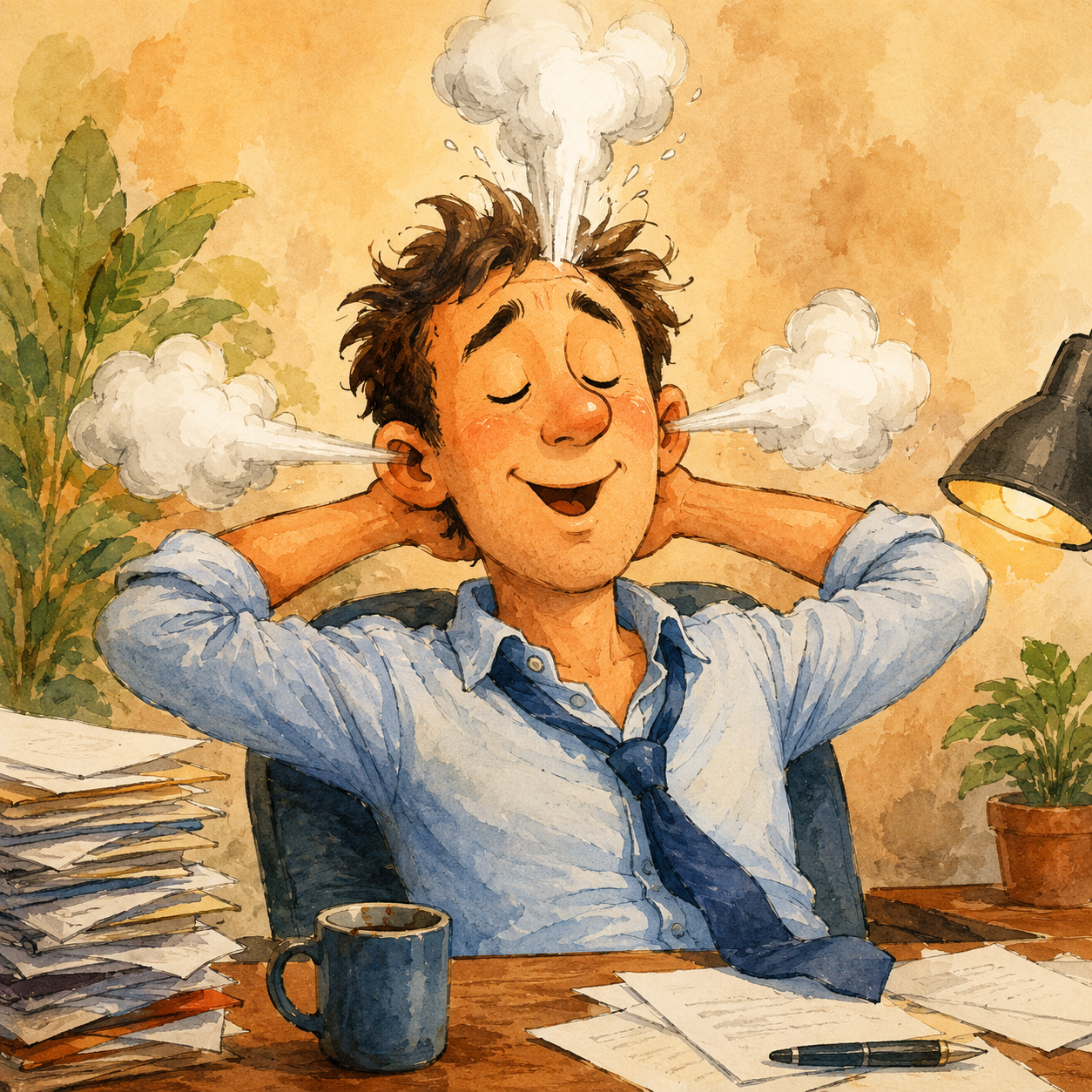 Ilustración visual y cómica para el idiom Blow off steam