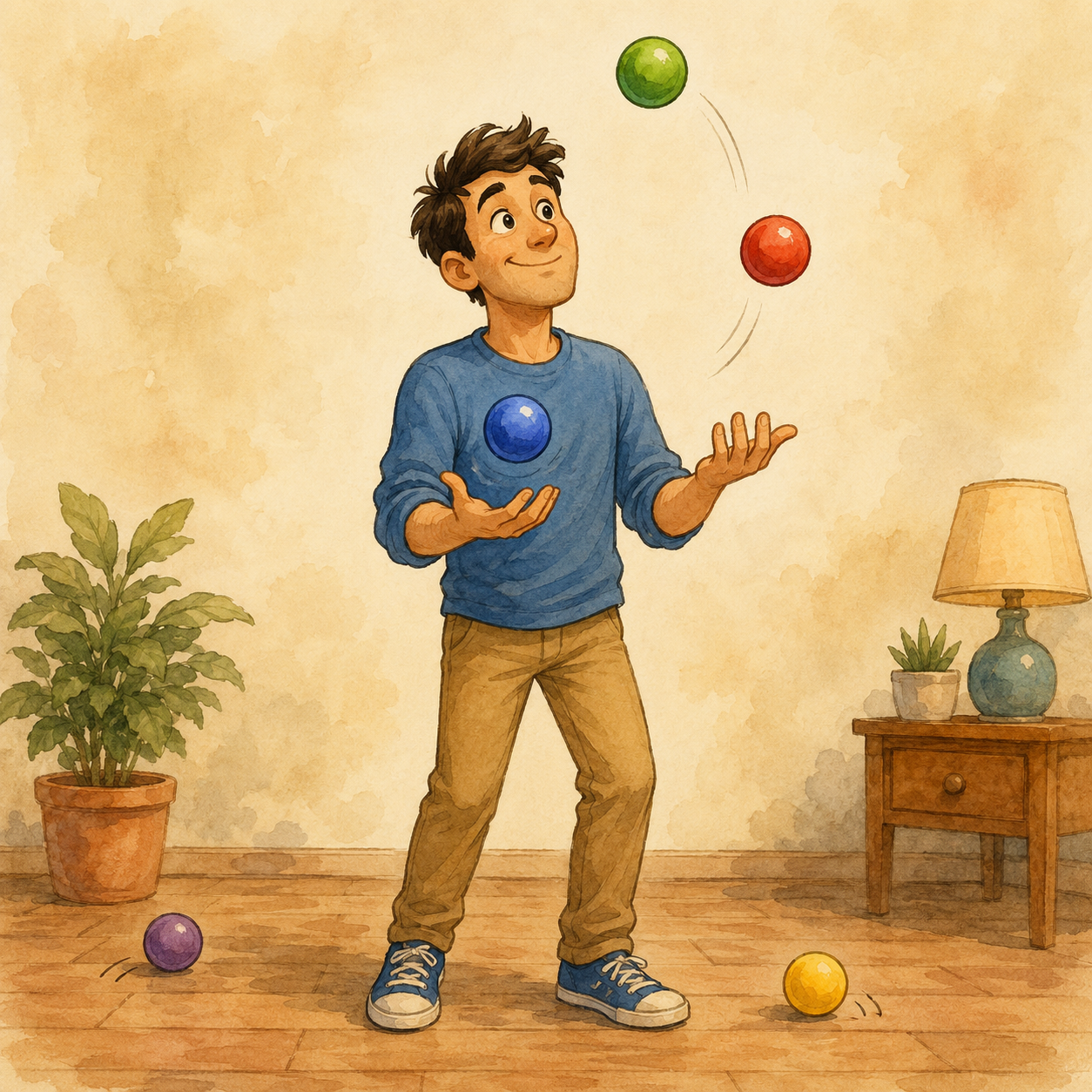 Ilustración visual y cómica para el idiom Get the hang of it